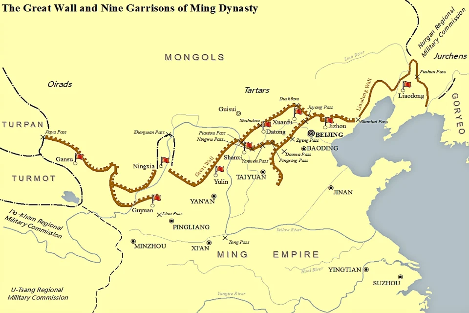 Map of the Great Wall of China highlighting key provinces and endpoints