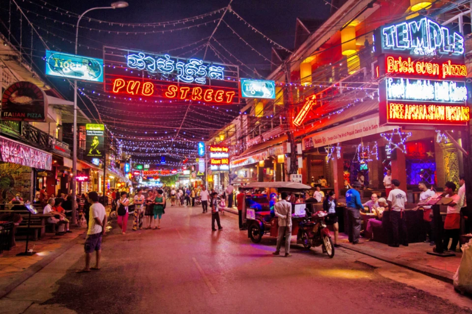 Colorful lights and nightlife on Pub Street in Siem Reap