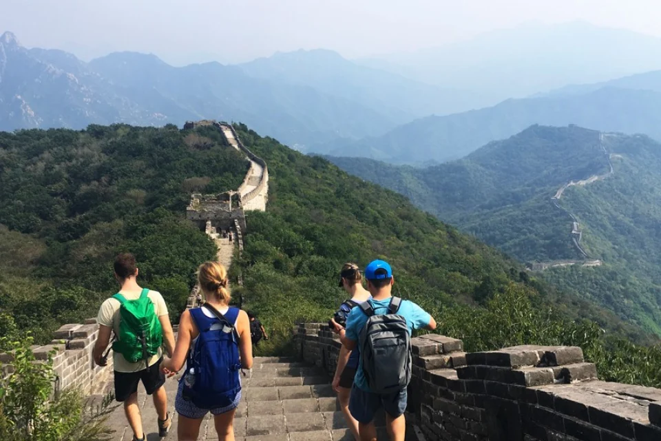 Tourists hiking the Mutianyu section of the Great Wall near Beijing