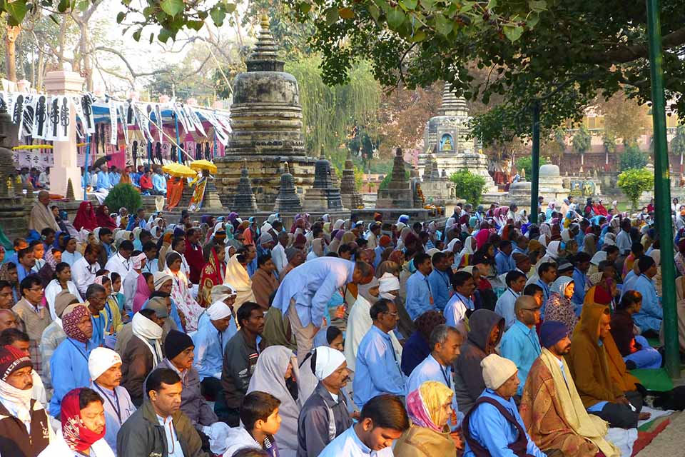 Buddhist pilgrims meditating near the Bodhi tree at Mahabodhi Temple