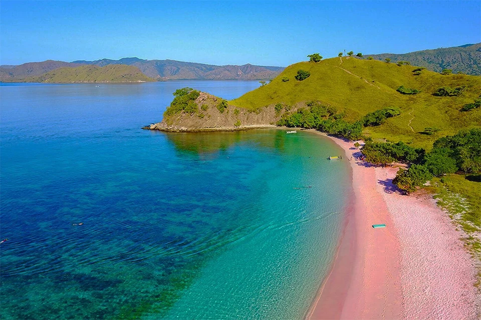 Pink Beach in Komodo National Park with coral-hued sand and clear turquoise water