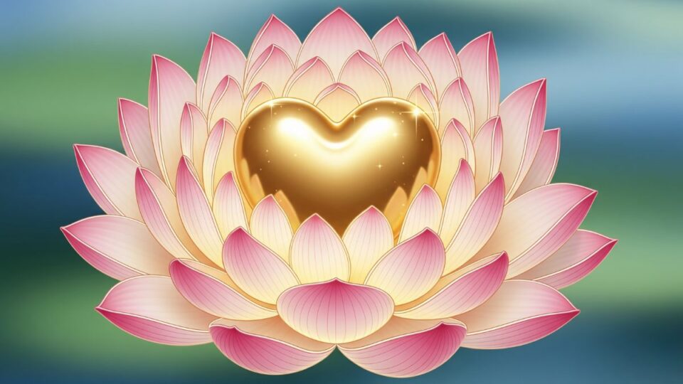 Illustration of a golden heart surrounded by soft lotus petals.
