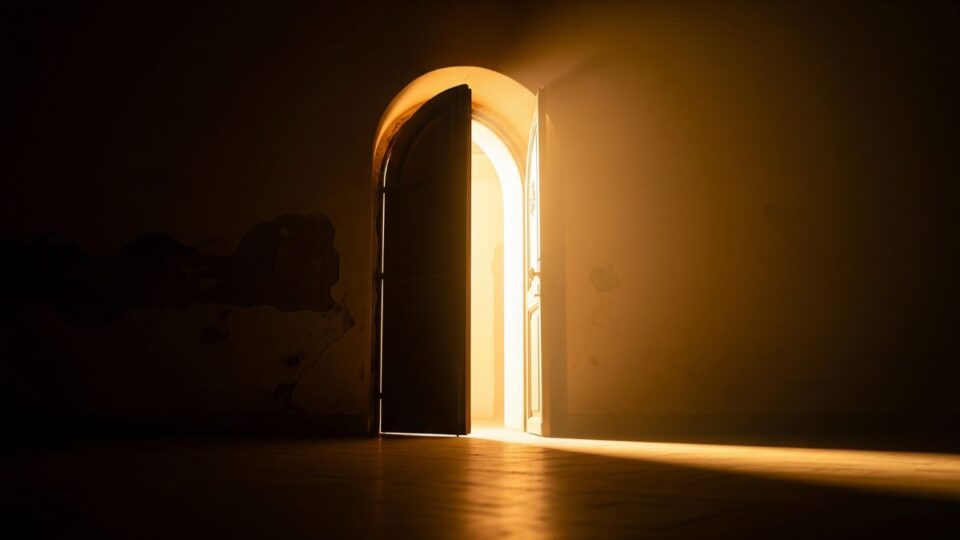 A glowing doorway representing the inner critic as a gateway to self-awareness and transformation.