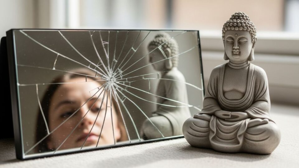 A broken mirror next to a Buddha statue, contrasting self-judgment and self-acceptance.