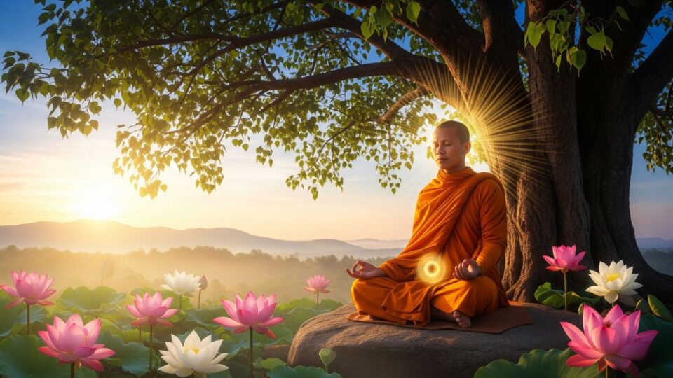 Calm monk meditating under a tree at sunrise, symbolizing inner peace through Buddhist compassion.