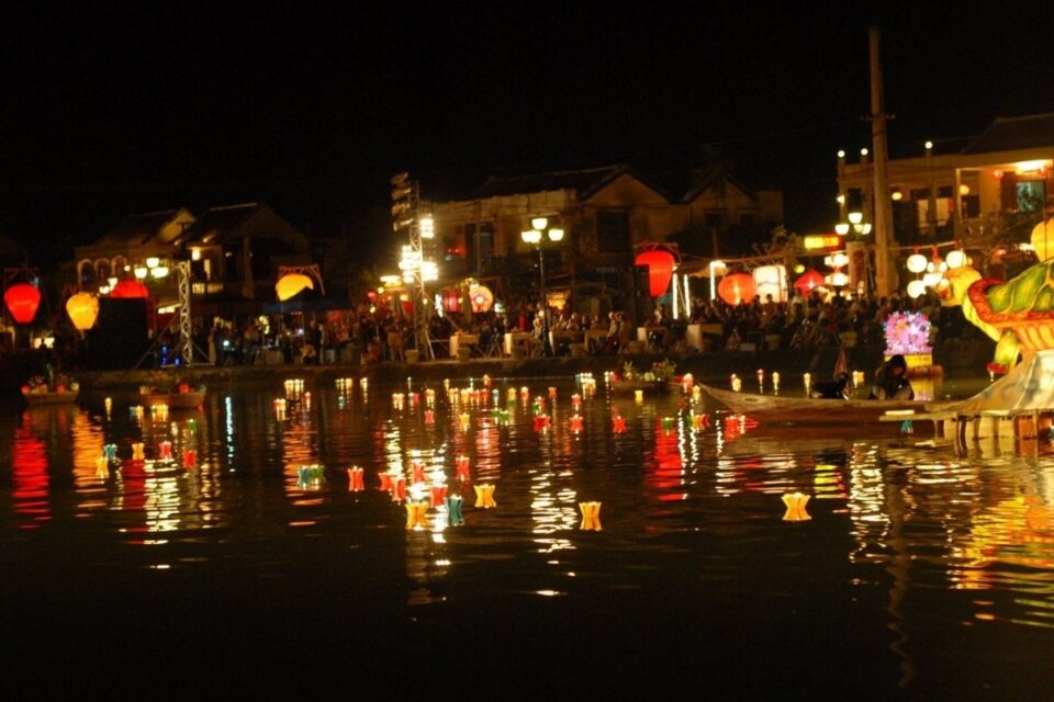 Lantern-lit streets during Full Moon Festival in Hoi An Old Town, Vietnam