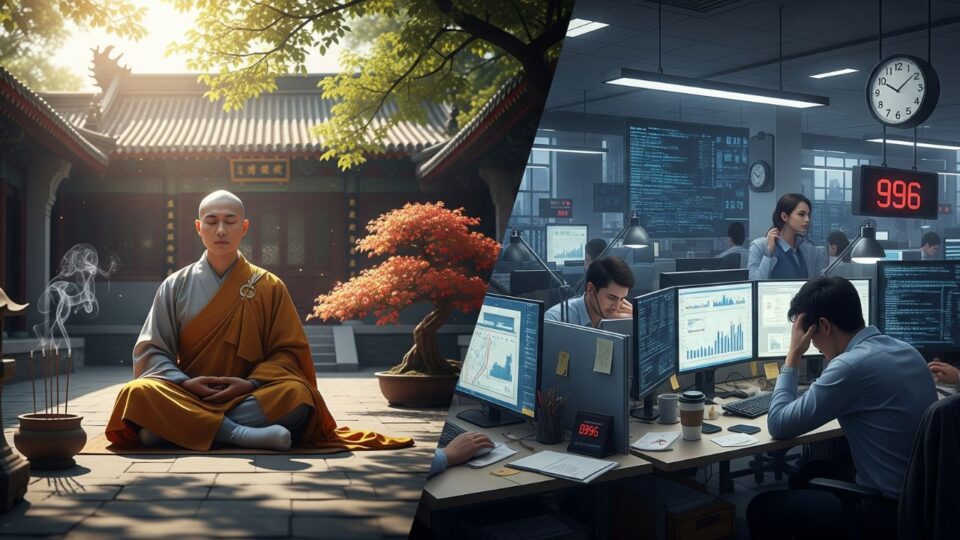 Shaolin monk practicing mindfulness compared with stressed 996 employee