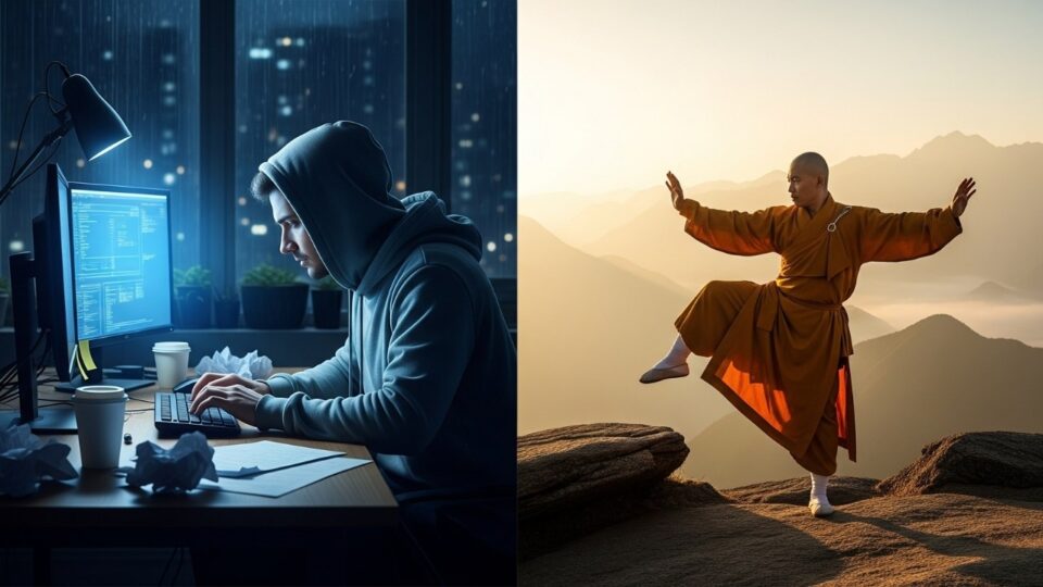 Shaolin monk training at sunrise contrasted with 996 work culture programmer in office at night