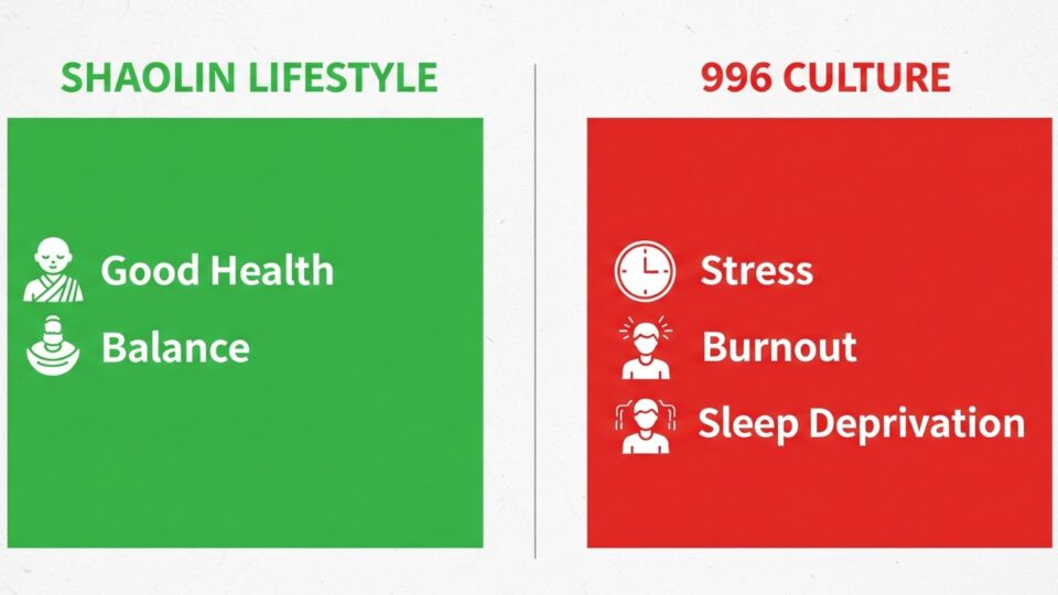 Health benefits of Shaolin lifestyle vs stress from 996 work culture