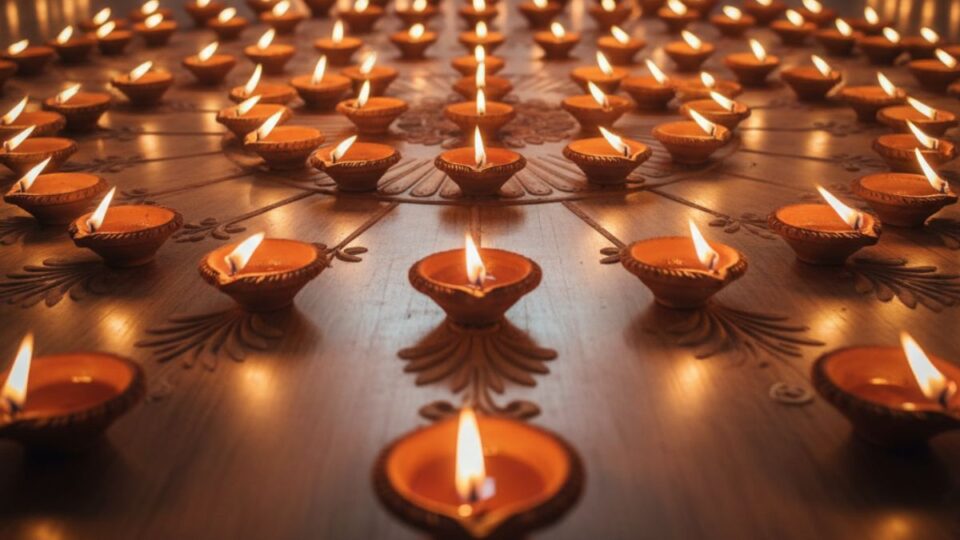 Earthen lamps (diyas) lit up during the Diwali festival.