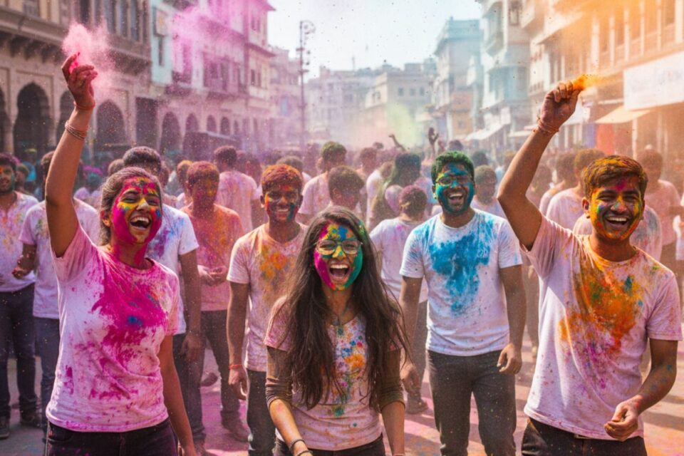 People throwing and covered in colored powder during the Holi festival.