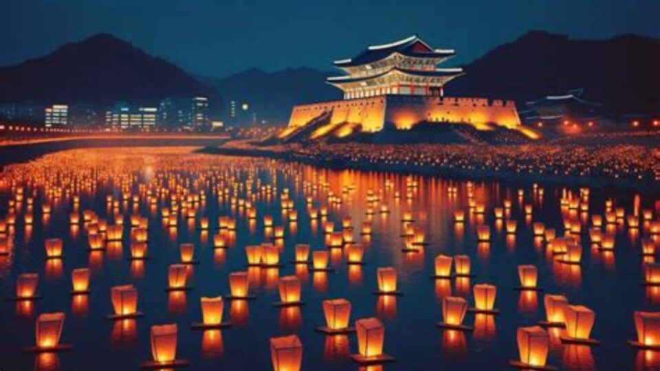 Thousands of colorful glowing lanterns floating on the Namgang River at night