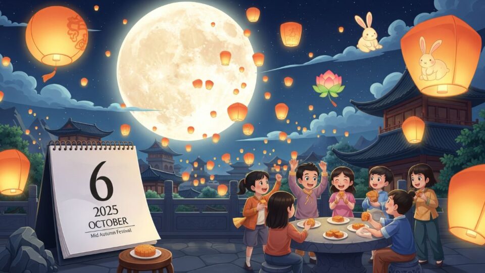 Full moon, lanterns, and mooncakes representing Mid Autumn Festival 2025 date on October 6