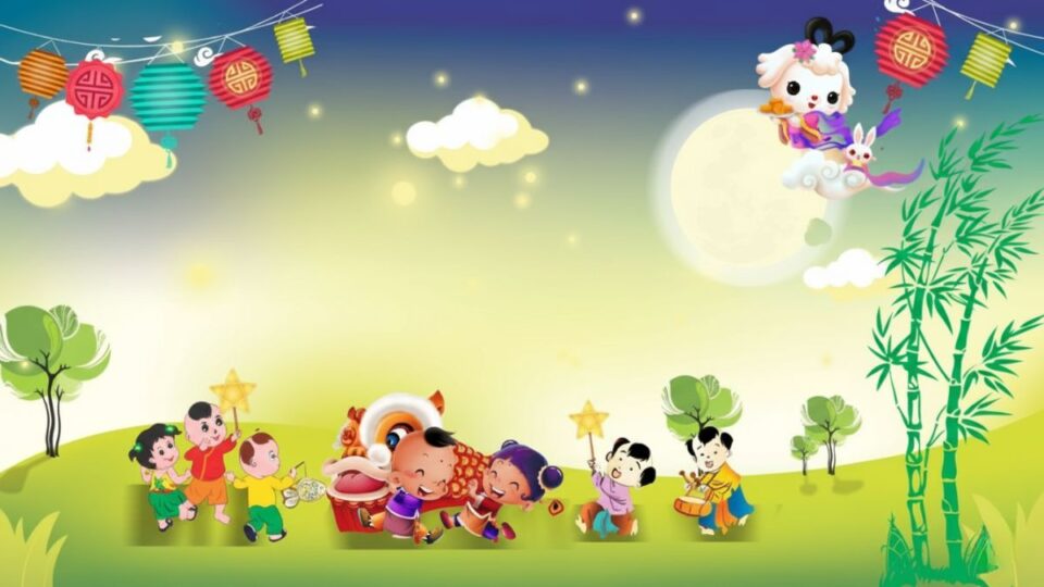 Children celebrating Mid Autumn Festival 2025 with lanterns and lion dance under the full moon