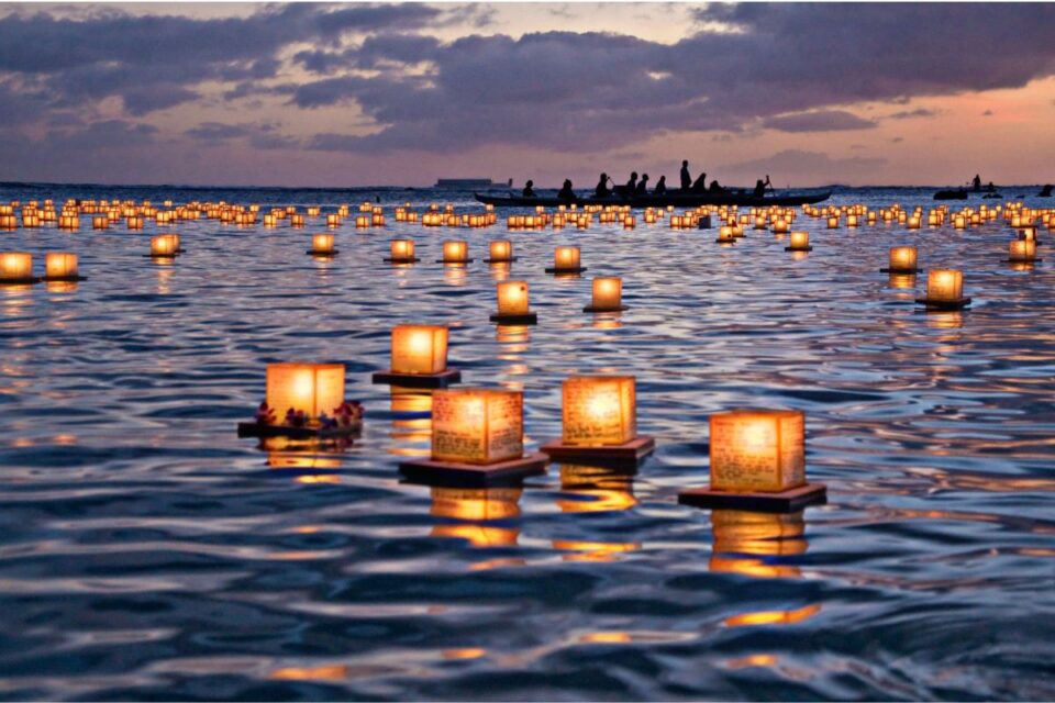 Water Lantern Festival Boston 2025 at night with floating lanterns