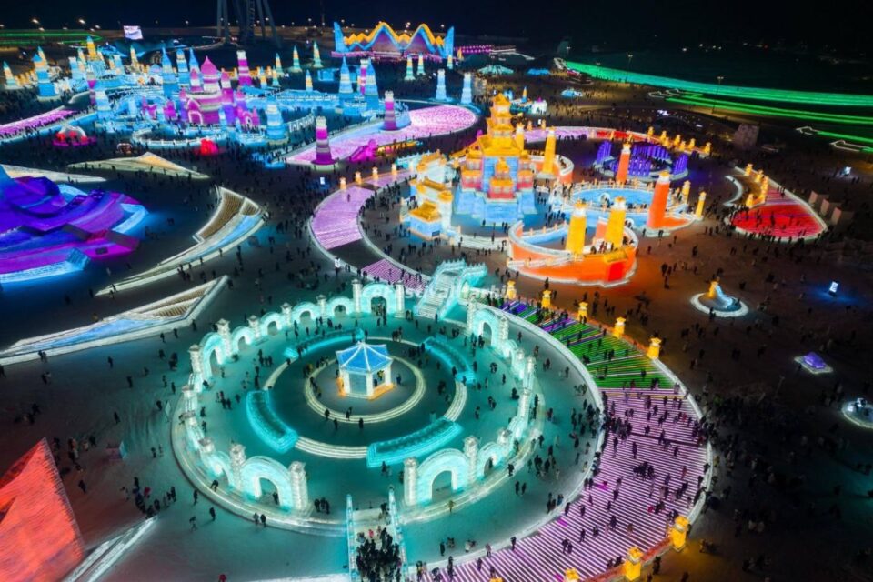 Aerial view of Harbin Ice and Snow Festival
