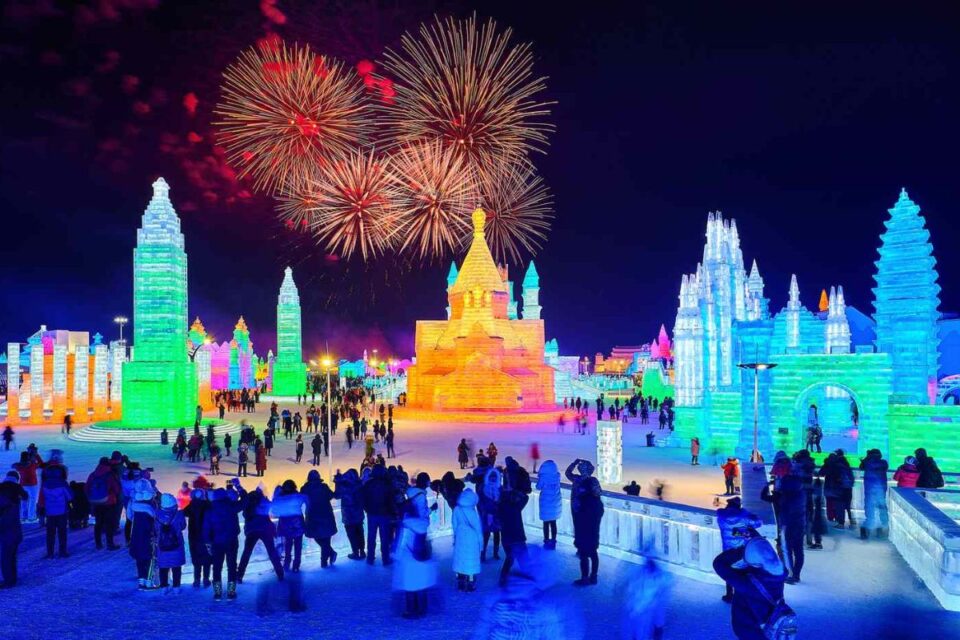 Illuminated ice castles at Harbin Ice and Snow World