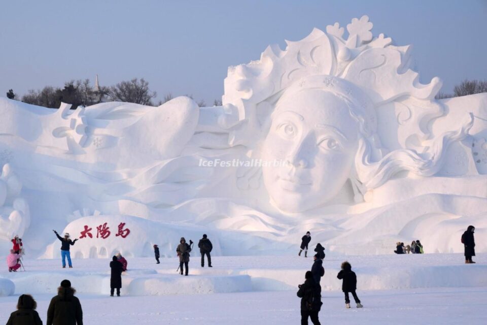 Giant snow sculpture at Sun Island Art Expo