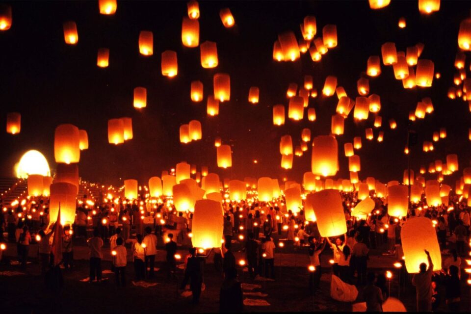 Sky lanterns released at Mae Jo University during the Yi Peng Lantern Festival in Chiang Mai.