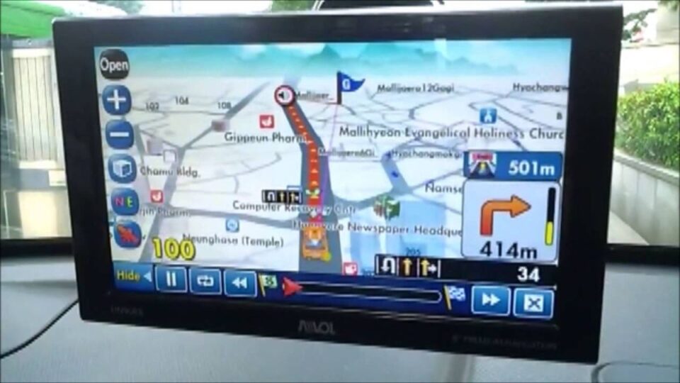A stylized, cinematic photo of a tourist looking at a smartphone screen displaying a map app (showing Korean text and detailed routes) overlayed on a busy Seoul street (like Myeongdong or Gangnam). The phone screen should clearly differentiate from Google Maps' typical look.