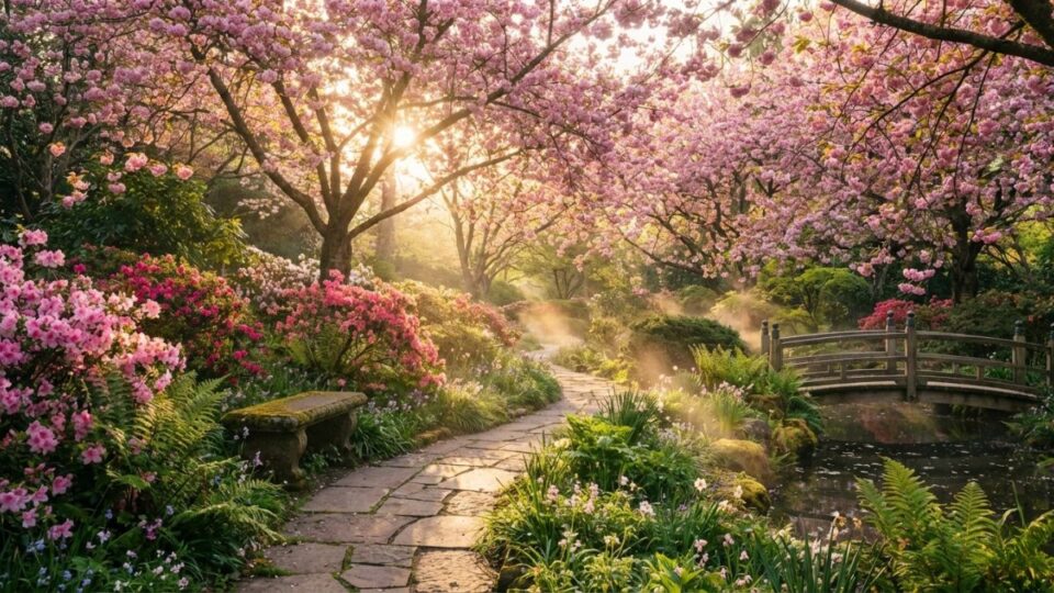 A vibrant landscape showing the arrival of spring with cherry blossoms and soft sunlight.