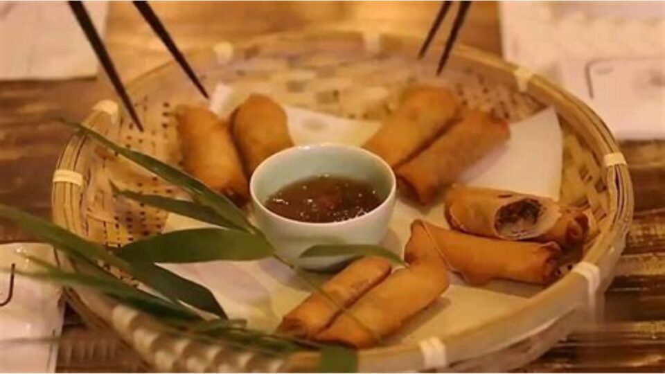 Golden crispy spring rolls served on a traditional ceramic plate with dipping sauce.