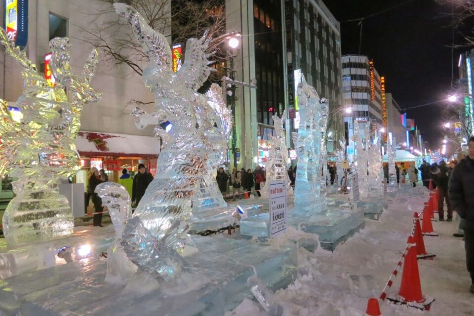 Intricate ice sculptures on the streets of Susukino, Sapporo.