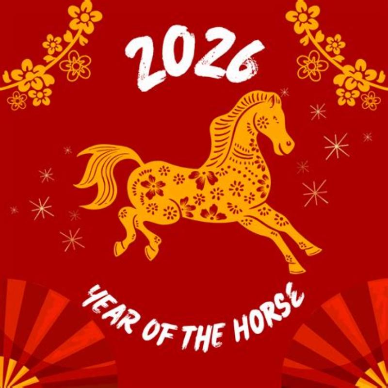 An elegant illustration of a horse surrounded by stylized red and orange flames representing the Fire element.