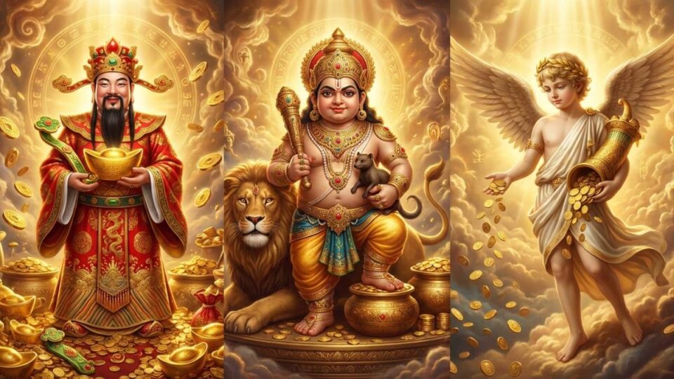 A collage representing different Gods of Wealth from Chinese, Hindu, and Greek cultures.