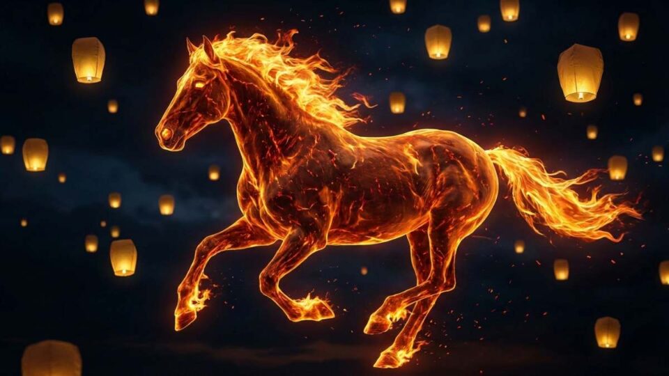 Artistic illustration of a majestic horse with fire elements for 2026 zodiac