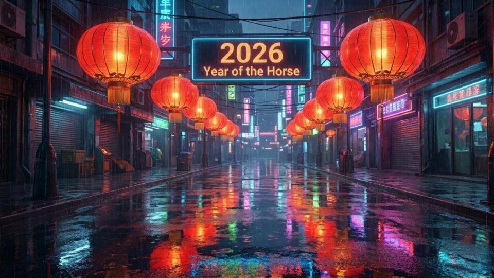 A bustling city street decorated with red lanterns and gold banners for Lunar New Year 2026.