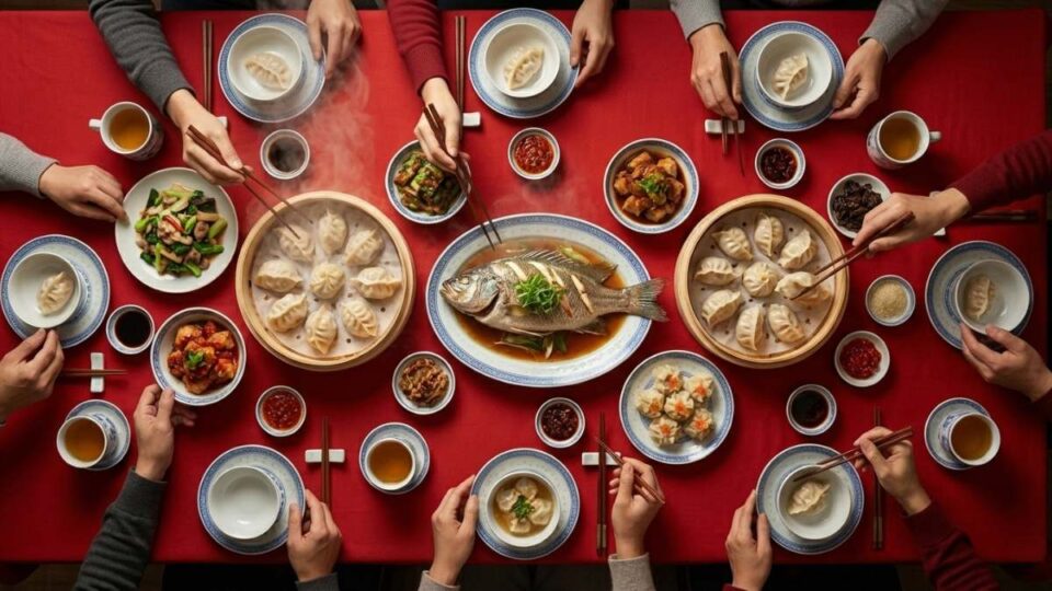 A round table filled with traditional dishes like dumplings, a whole fish, and spring rolls