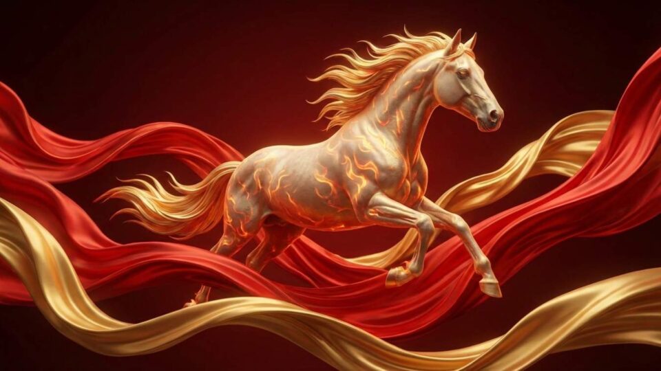 A majestic horse silhouette engulfed in artistic red and gold flames, symbolizing 2026 Lunar New Year.