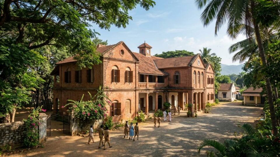 A colonial-style historic school building in Tamil Nadu.