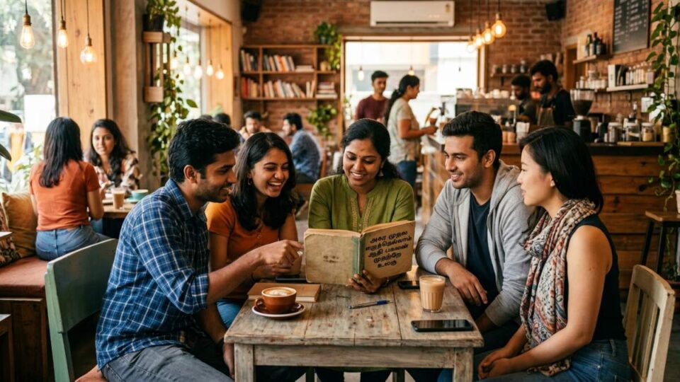 A group of people discussing language and culture.