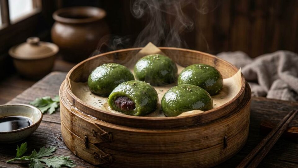 A close-up of glossy green Qingtuan rice balls served on bamboo leaves.