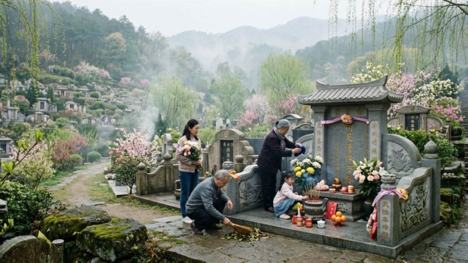 A family cleaning and offering flowers at an ancestral grave under a light spring rain.