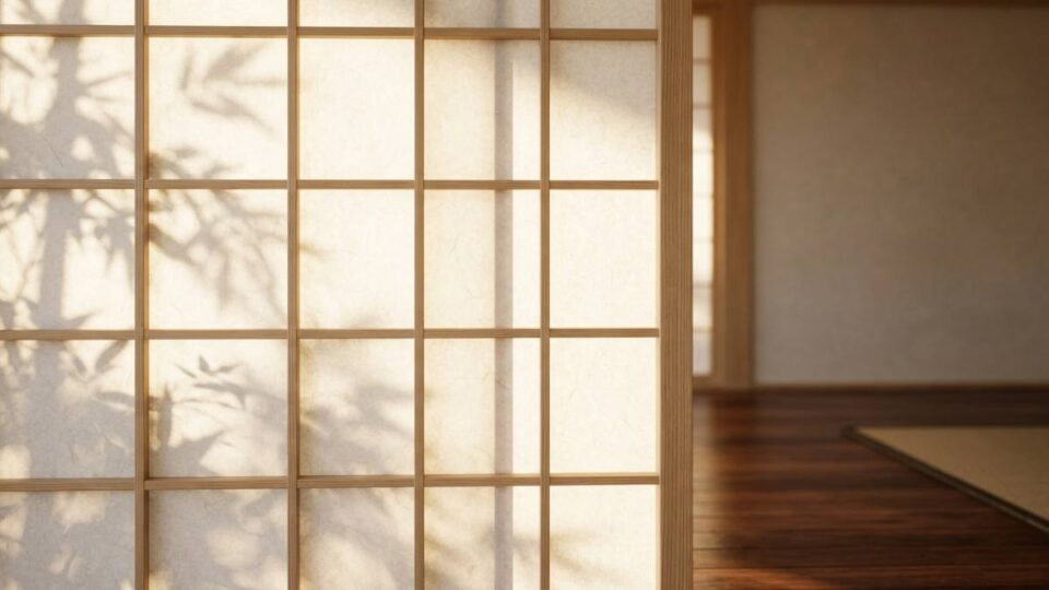 A traditional Japanese Shoji sliding door made of light wood and translucent Washi paper with soft morning sunlight filtering through.