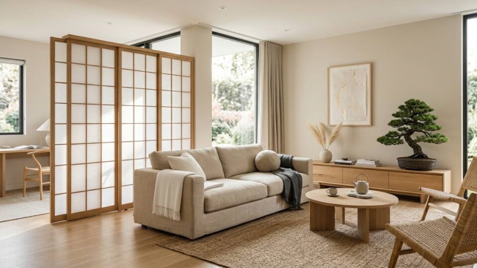 A modern minimalist living room featuring a beige sofa and a large Shoji screen used as a divider for a home office area.