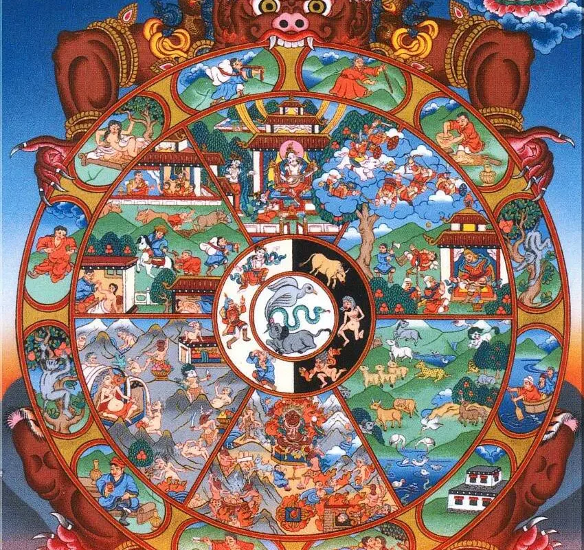 The Three Animals at the Center of the Bhavacakra An illustration of the Buddhist Wheel of Life showing a rooster, a snake, and a pig at the center.