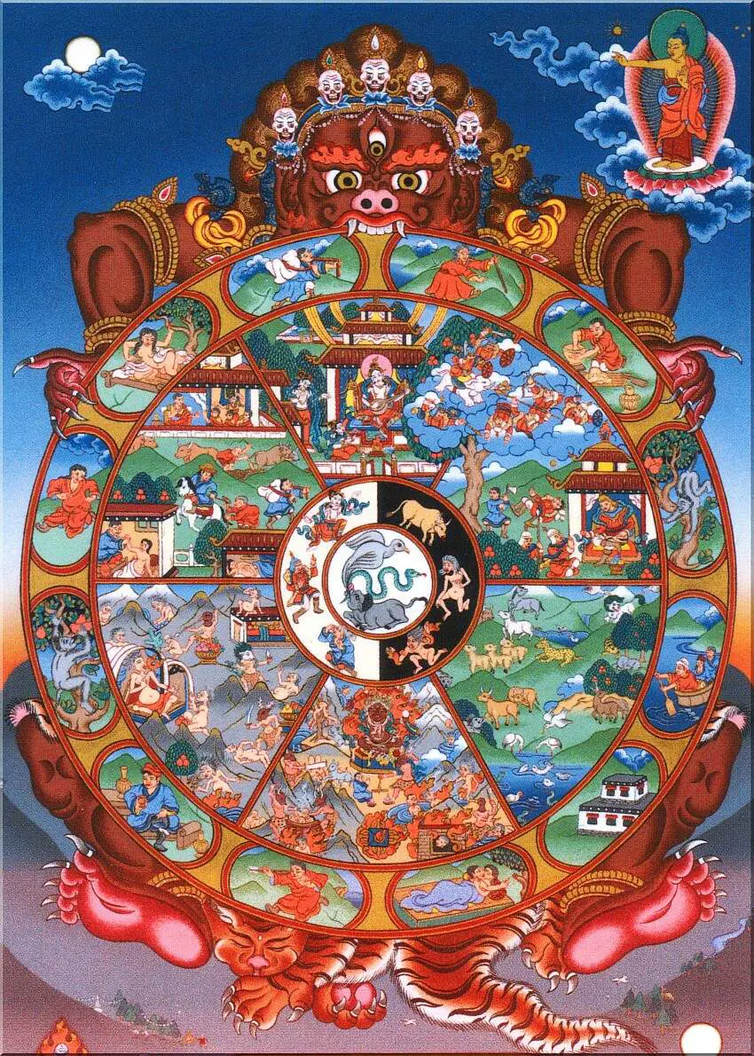 An illustration of the Buddhist Wheel of Life showing a rooster, a snake, and a pig at the center.