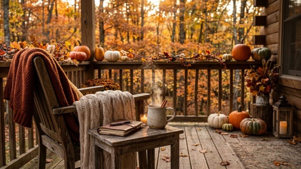 A serene wooden porch with pumpkin decor, warm beverage, and autumn leaves background representing the start of fall 2026.